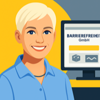 Lächelnde Person mit blonden Haaren vor einem Computer mit Text über Barrierefreiheit.