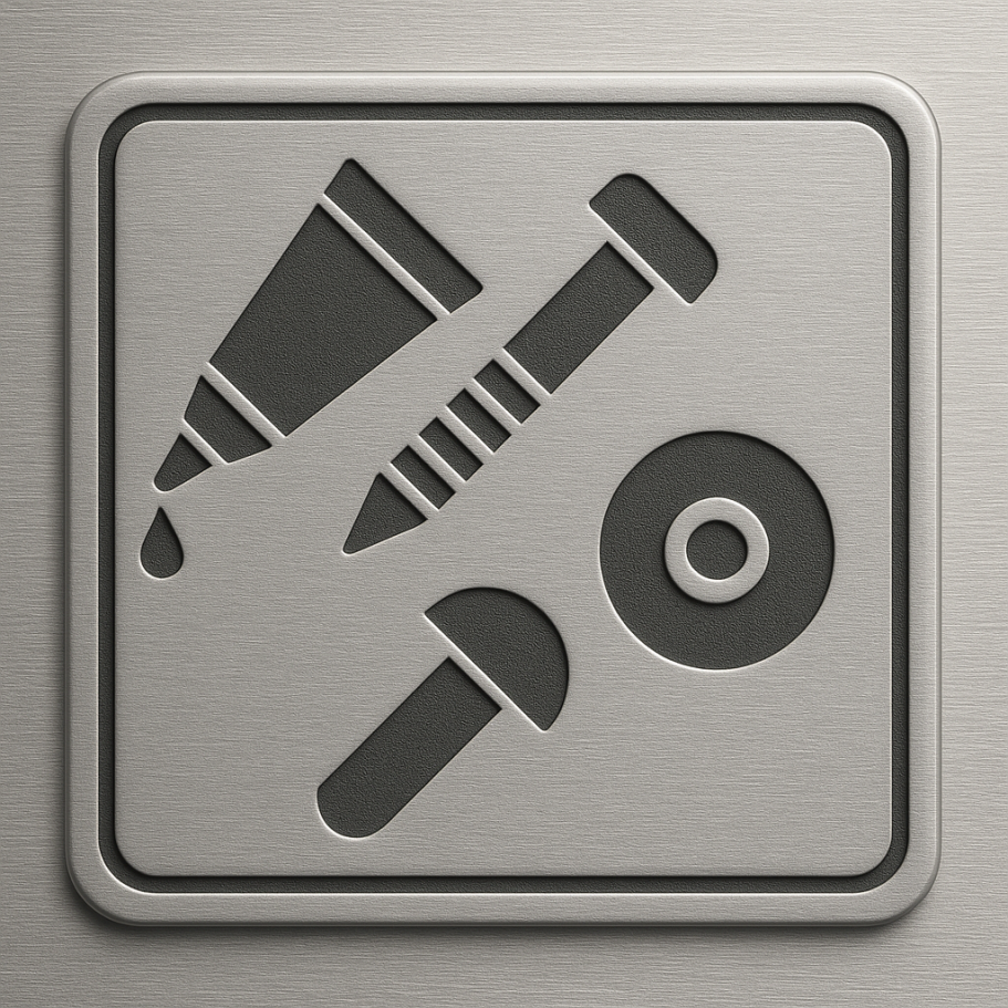 Symbol mit Werkzeugen: Schaubild von Kleber, Schraube, Unterlegscheibe und Hammer.